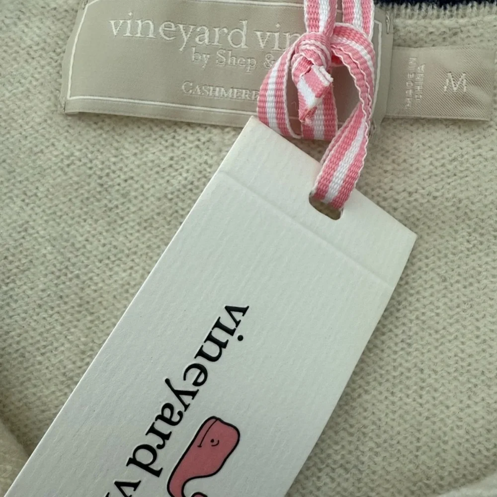 Vineyard Vines 100% Cashmere V Neck Polo  Sweater Nautical Blue Cream Stripe M - Picture 3 of 4